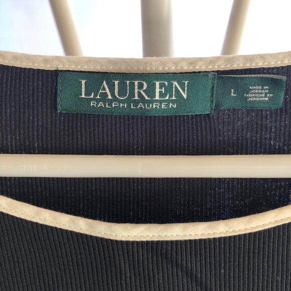LAUREN RALPH LAUREN BLACK T-SHIRT DOUBLE CAP POPLIN SLEEVE 100% COTTON SZ L NWOT - Picture 3 of 5